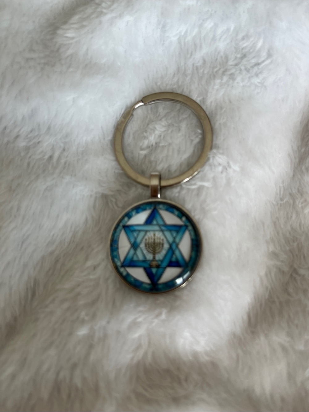 Blue Star of David Keychain with Menorah Accent